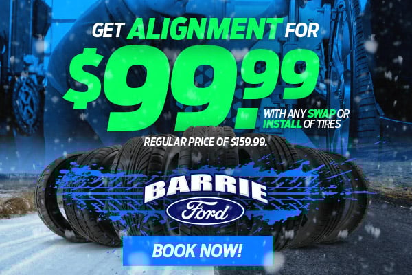 Winter-themed promotional graphic offering a wheel alignment for $99.99 at Barrie Ford with any tire swap or install. Tires and snowy background included.